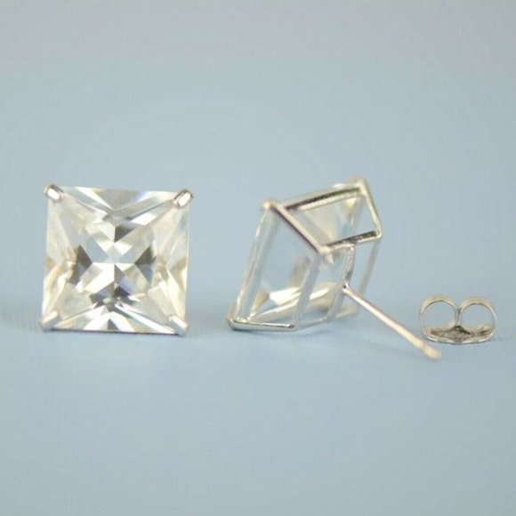 Solid 14k White Gold Princess Cut Clear Basket Push Back Stud Earrings Sz 3x3mm - Picture 10 of 10